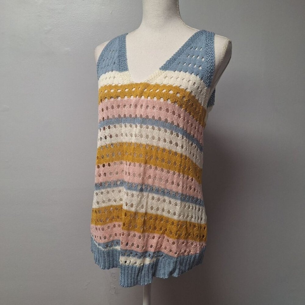 143 Story by‎ Lineup Tank Top Knit Crochet Womens Medium Blue Pink Stripes